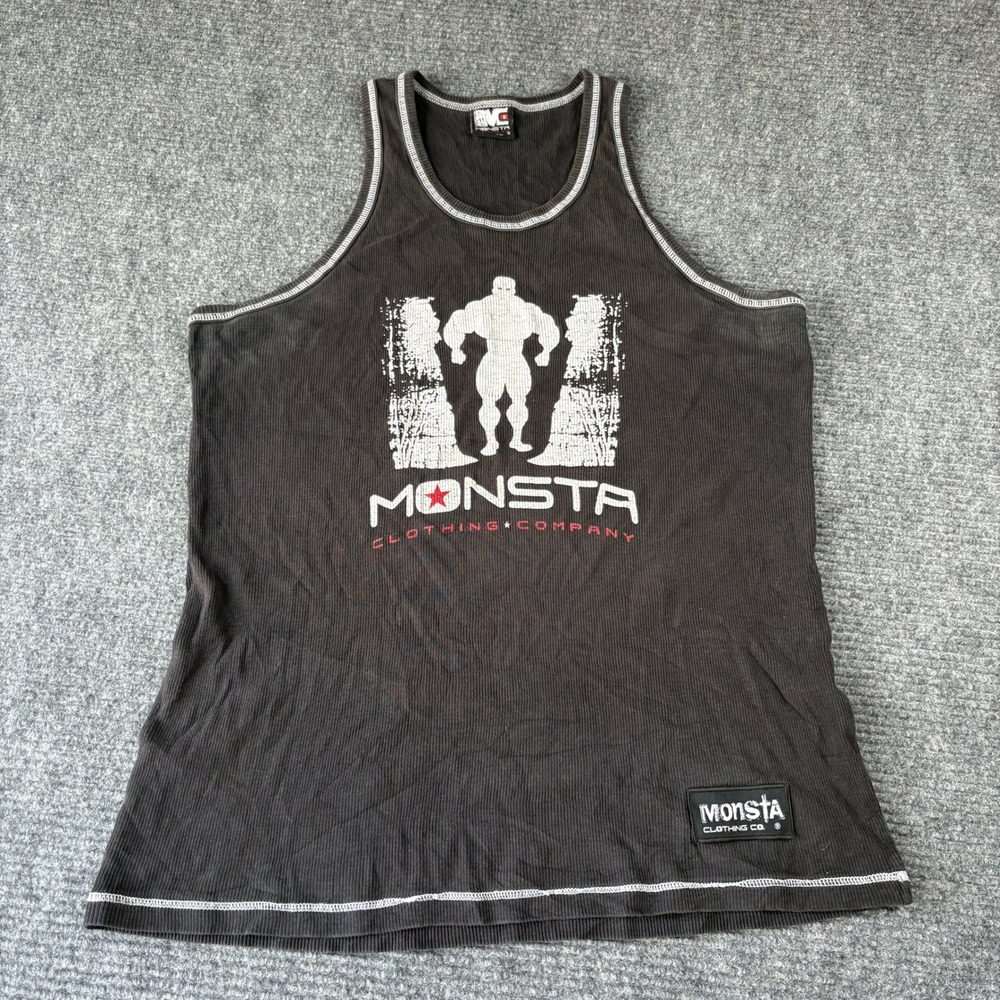 Monsta Clothing Co Mens Large Black Ribbed Graphic Muscle Tank Top Bodybuilding